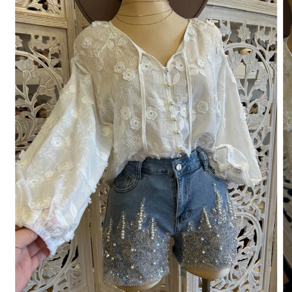 White Flower Embroidered Pearl Button Blouse- One Size
